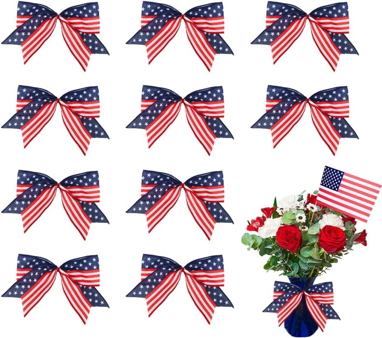 10 PCS Patriotic 4th of July Bows – Red, White & Blue Wreath Bows for Independence Day, American Flag Bows for Front Door, Tree, Indoor & Outdoor Decorations